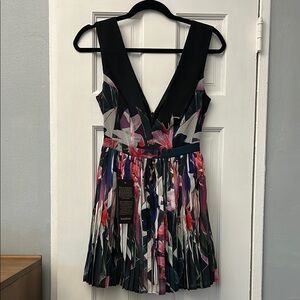 Floral Pleated Dress with Deep V-Neck